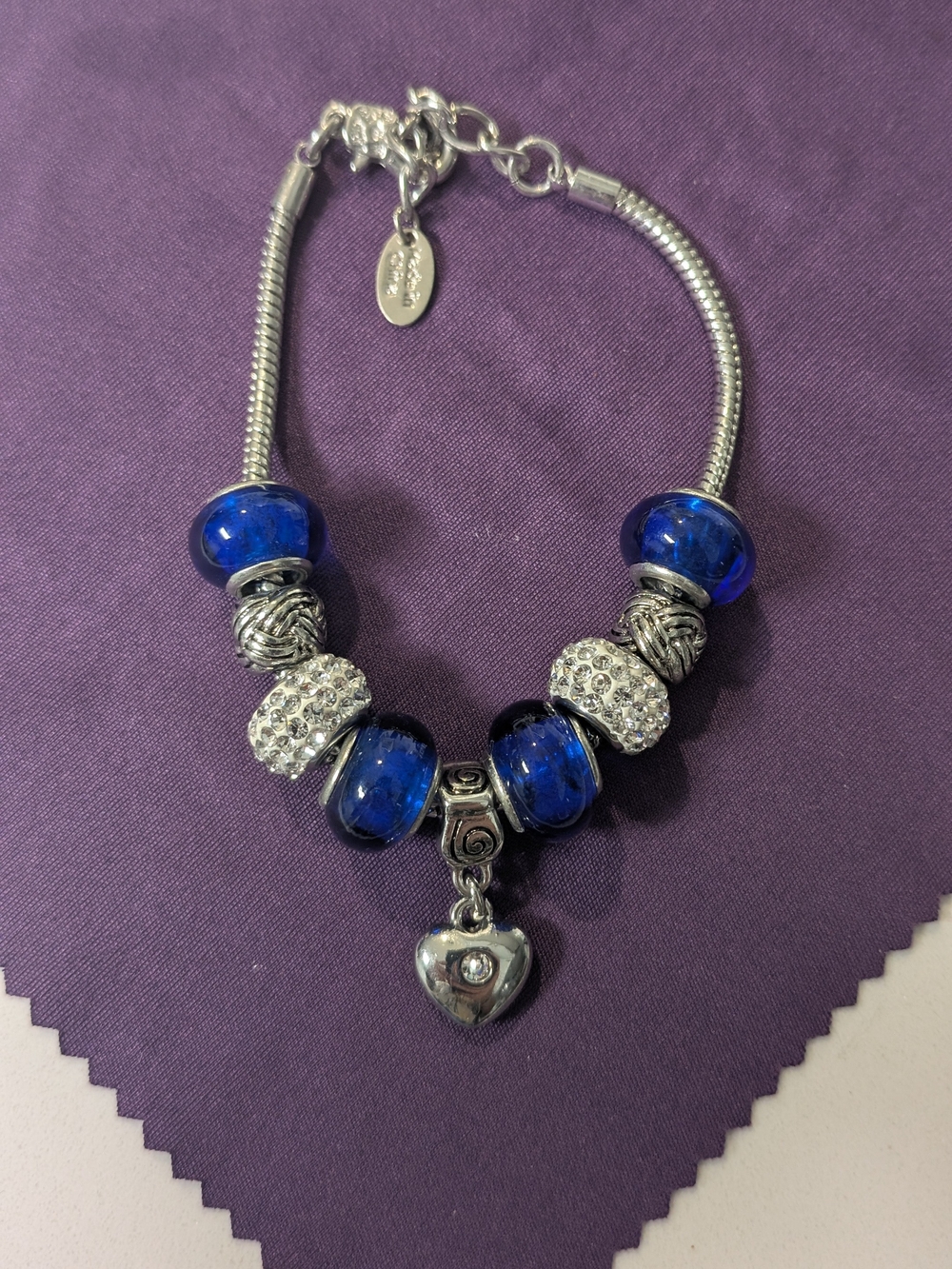 Silver Bracelet with Blue Glass Beads and Heart Charm